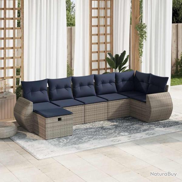 Salon de jardin avec coussins 7 pcs gris r�sine tress�e