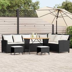 Salon de jardin 4 pcs avec coussins forme L noir r&eacute;sine tress&eacute;e