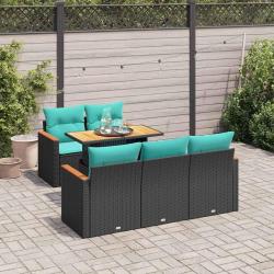 Salon de jardin 6 pcs avec coussins noir r&eacute;sine tress&eacute;e