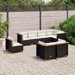 Salon de jardin 8 pcs avec coussins noir r&eacute;sine tress&eacute;e