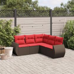 Ensemble de canap&eacute; de jardin 5 pcs avec coussins marron r&eacute;sine tress&eacute;e