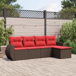 Ensemble de canap&eacute; de jardin 5 pcs avec coussins marron r&eacute;sine tress&eacute;e