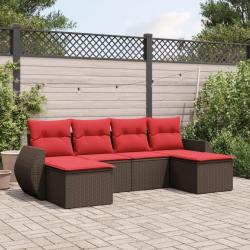 Ensemble de canap&eacute; de jardin 6 pcs avec coussins marron r&eacute;sine tress&eacute;e