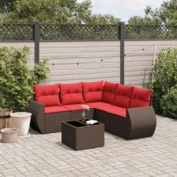 Ensemble de canap&eacute; de jardin 6 pcs avec coussins marron r&eacute;sine tress&eacute;e