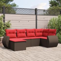 Ensemble de canap&eacute; de jardin 6 pcs avec coussins marron r&eacute;sine tress&eacute;e