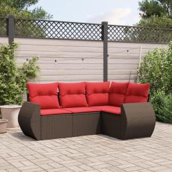 Ensemble de canap&eacute; de jardin 4 pcs avec coussins marron r&eacute;sine tress&eacute;e