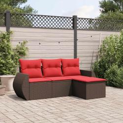 Ensemble de canap&eacute; de jardin 4 pcs avec coussins marron r&eacute;sine tress&eacute;e