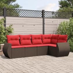 Ensemble de canap&eacute; de jardin 5 pcs avec coussins marron r&eacute;sine tress&eacute;e