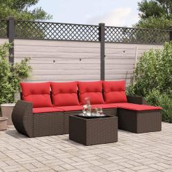 Ensemble de canap&eacute; de jardin 6 pcs avec coussins marron r&eacute;sine tress&eacute;e