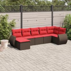Ensemble de canap&eacute; de jardin 7 pcs avec coussins marron r&eacute;sine tress&eacute;e