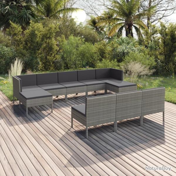 Salon de jardin 10 pcs avec coussins R�sine tress�e Gris
