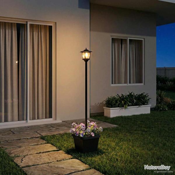 Lampadaire solaire avec pot de fleurs Noir 32 x 32 x 158 cm