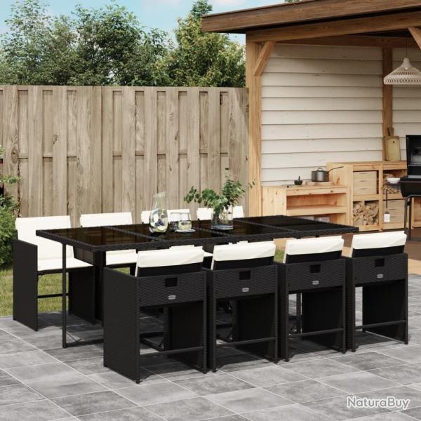 Ensemble � manger de jardin 9pcs coussins noir r�sine tress�e