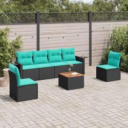 Ensemble de canap&eacute; de jardin 7 pcs avec coussins noir r&eacute;sine tress&eacute;e
