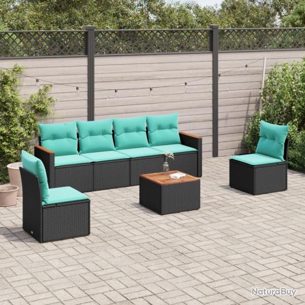Ensemble de canap� de jardin 7 pcs avec coussins noir r�sine tress�e