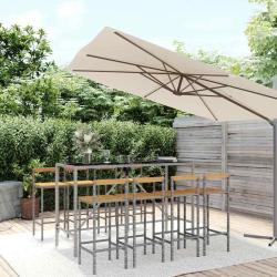 Ensemble de bar jardin 9 pcs gris poly rotin/bois massif acacia