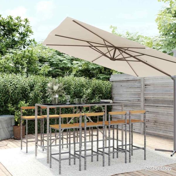 Ensemble de bar jardin 9 pcs gris poly rotin/bois massif acacia
