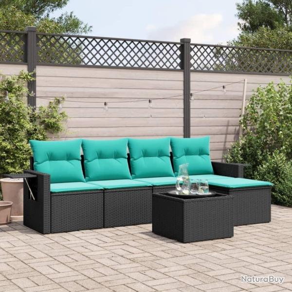 Ensemble de canap� de jardin 6 pcs avec coussins noir r�sine tress�e