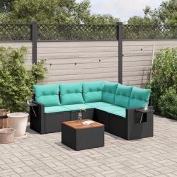 Ensemble de canap&eacute; de jardin 6 pcs avec coussins noir r&eacute;sine tress&eacute;e
