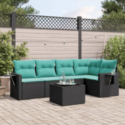 Ensemble de canap&eacute; de jardin 6 pcs avec coussins noir r&eacute;sine tress&eacute;e