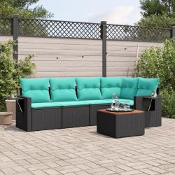 Ensemble de canap&eacute; de jardin 6 pcs avec coussins noir r&eacute;sine tress&eacute;e