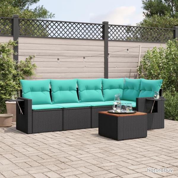 Ensemble de canap� de jardin 6 pcs avec coussins noir r�sine tress�e