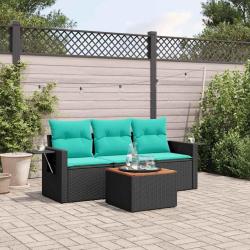 Ensemble de canap&eacute; de jardin 4 pcs avec coussins noir r&eacute;sine tress&eacute;e