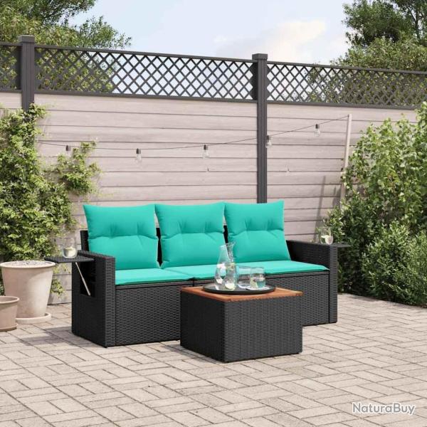 Ensemble de canap� de jardin 4 pcs avec coussins noir r�sine tress�e