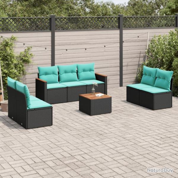 Ensemble de canap� de jardin 8 pcs avec coussins noir r�sine tress�e
