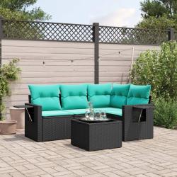 Ensemble de canap&eacute; de jardin 5 pcs avec coussins noir r&eacute;sine tress&eacute;e