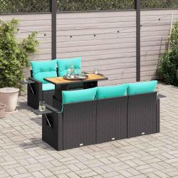 Salon de jardin 6 pcs avec coussins noir r&eacute;sine tress&eacute;e