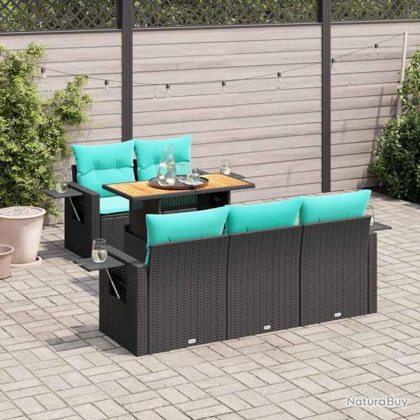 Salon de jardin 6 pcs avec coussins noir r�sine tress�e