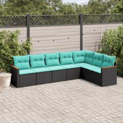 Salon de jardin 7 pcs avec coussins noir r&eacute;sine tress&eacute;e
