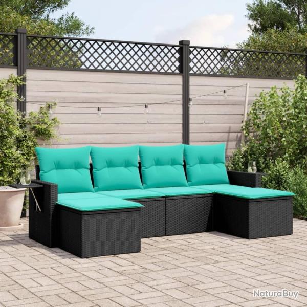 Salon de jardin 6 pcs avec coussins noir r�sine tress�e