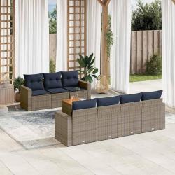 Salon de jardin 8 pcs avec coussins gris r&eacute;sine tress&eacute;e