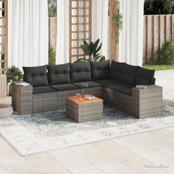 Salon de jardin avec coussins 7 pcs gris r�sine tress�e