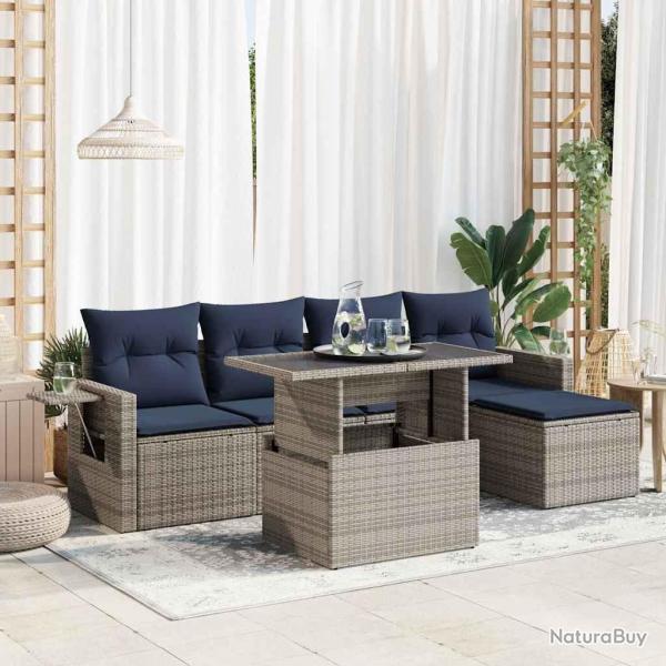 Salon de jardin 6 pcs avec coussins gris r�sine tress�e acacia