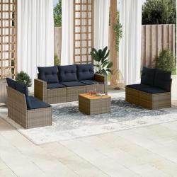 Salon de jardin 8 pcs avec coussins gris r&eacute;sine tress&eacute;e