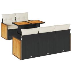 Salon de jardin 6 pcs avec coussins noir r&eacute;sine tress&eacute;e acacia