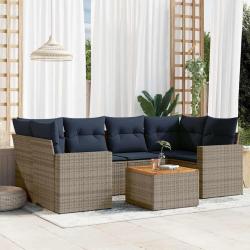 Salon de jardin 7 pcs avec coussins gris r&eacute;sine tress&eacute;e
