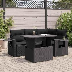 Salon de jardin 5 pcs avec coussins noir r&eacute;sine tress&eacute;e