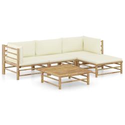 Salon de jardin 5 pcs avec coussins blanc cr&egrave;me bambou