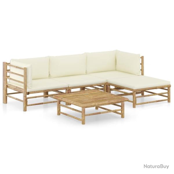 Salon de jardin 5 pcs avec coussins blanc cr�me bambou