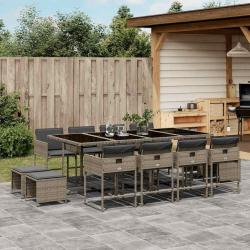 Ensemble &agrave; manger de jardin coussins 13 pcs gris r&eacute;sine tress&eacute;e