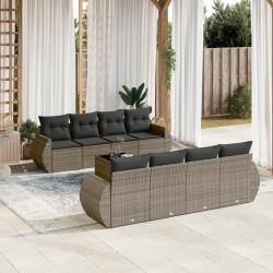 Salon de jardin 9 pcs avec coussins gris r&eacute;sine tress&eacute;e