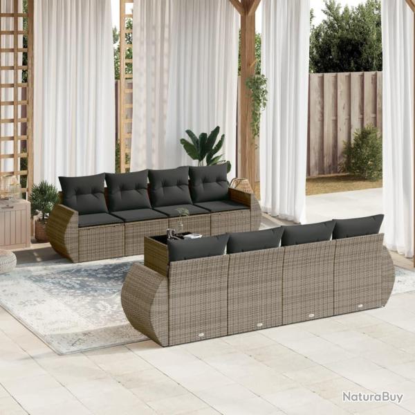 Salon de jardin 9 pcs avec coussins gris r�sine tress�e
