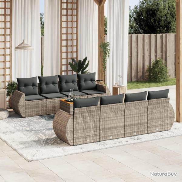 Salon de jardin 9 pcs avec coussins gris r�sine tress�e