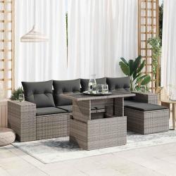 Salon de jardin 6 pcs avec coussins gris r&eacute;sine tress&eacute;e