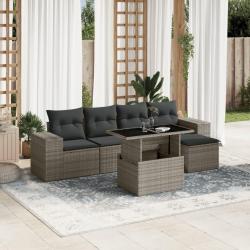 Salon de jardin 6 pcs avec coussins gris r&eacute;sine tress&eacute;e