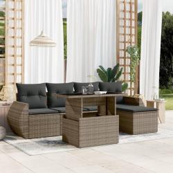 Salon de jardin 6 pcs avec coussins gris r&eacute;sine tress&eacute;e